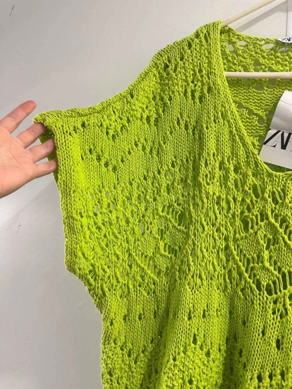 Zara Crochet Open Knit Tunic Top Womens M-L Green Asymmetrical Cover-Up Beach